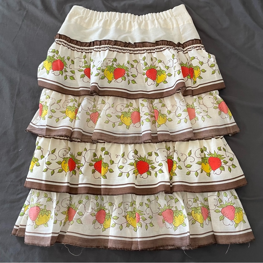 Handmade Vintage Boho Tiered Whimsical Skirt with Strawberry Print S/M